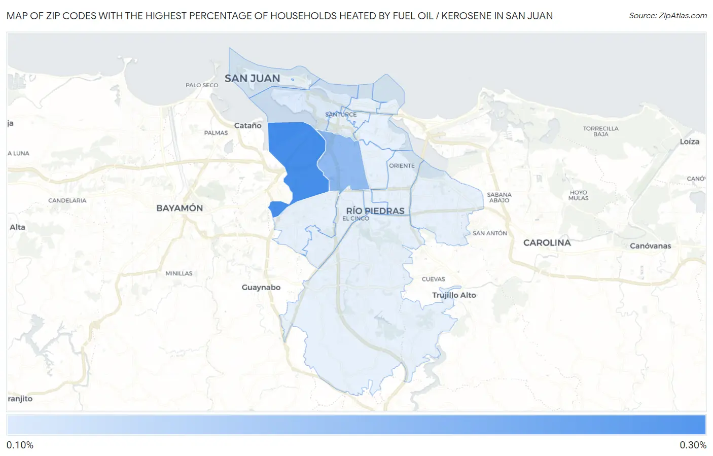 Zip Codes with the Highest Percentage of Households Heated by Fuel Oil / Kerosene in San Juan Map
