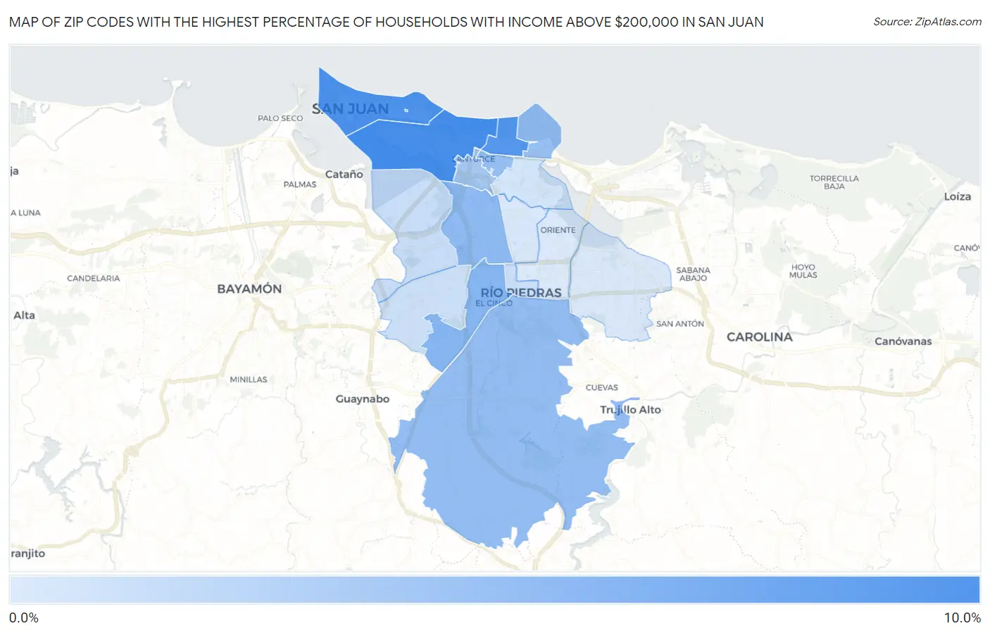 Zip Codes with the Highest Percentage of Households with Income Above $200,000 in San Juan Map