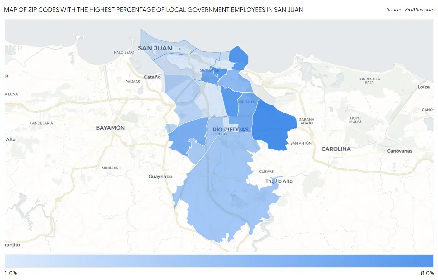Zip Codes with the Highest Percentage of Local Government Employees in San Juan Map