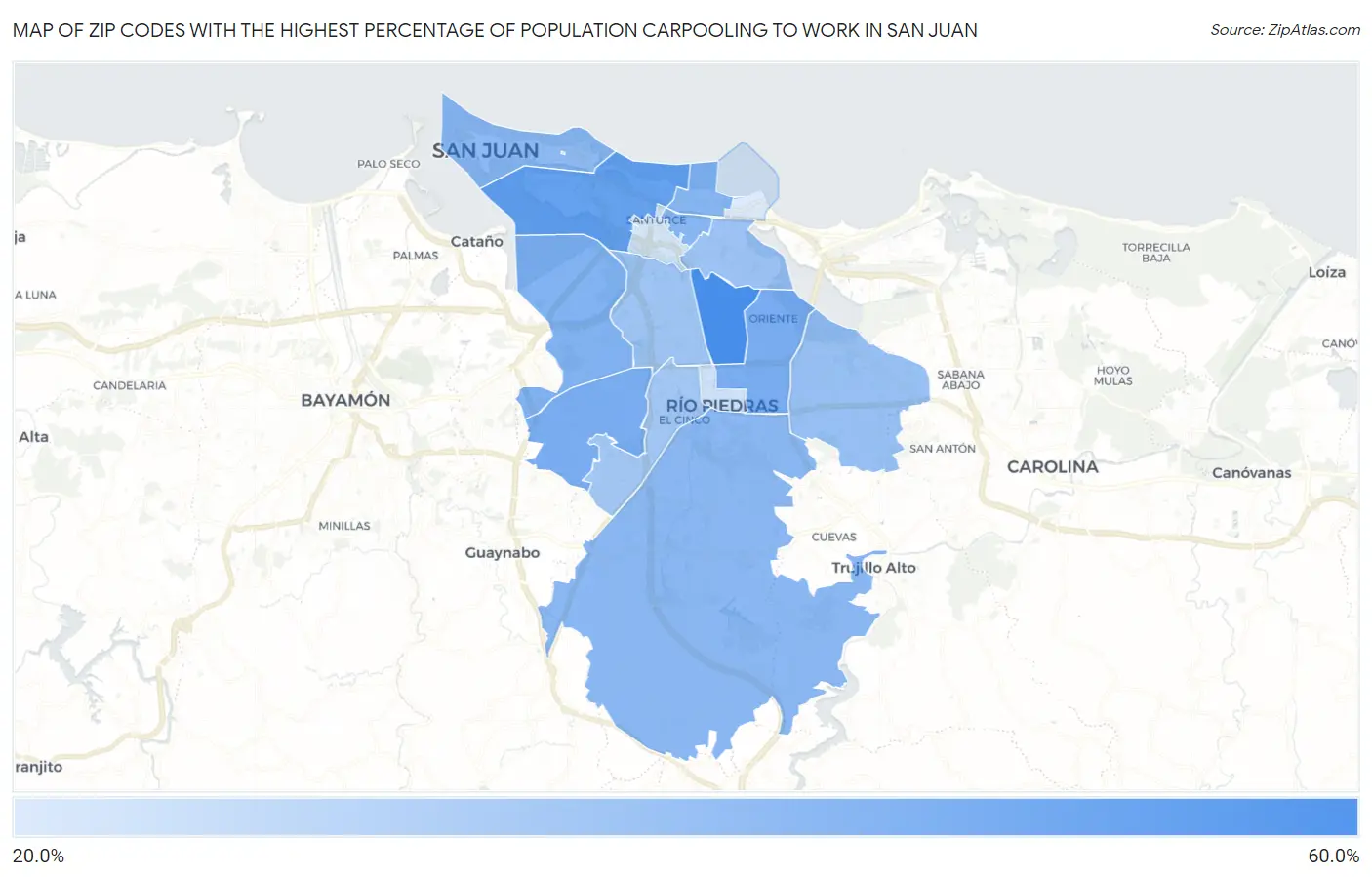 Zip Codes with the Highest Percentage of Population Carpooling to Work in San Juan Map