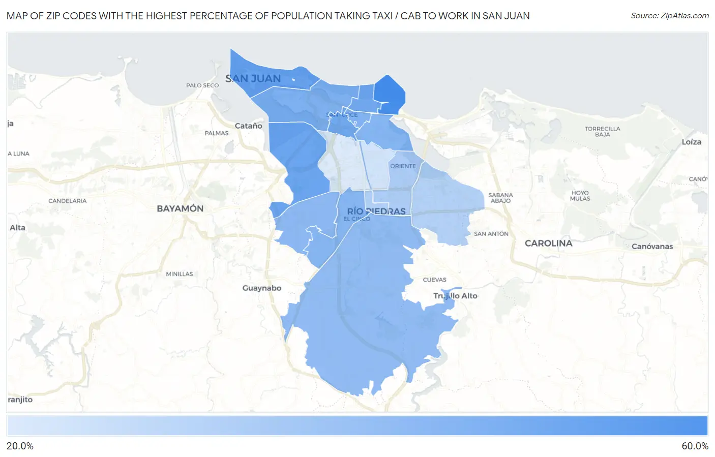 Zip Codes with the Highest Percentage of Population Taking Taxi / Cab to Work in San Juan Map