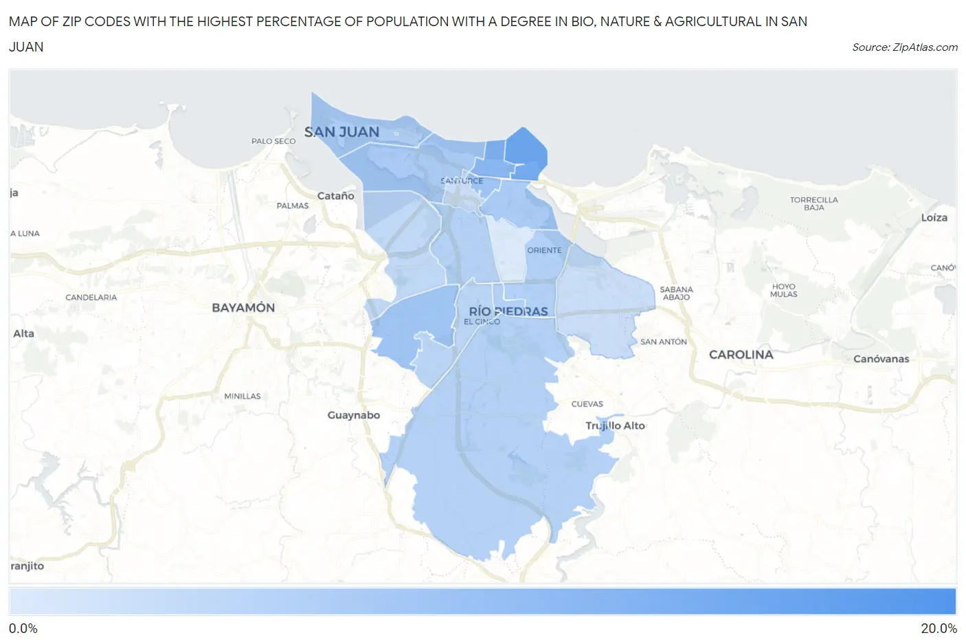 Zip Codes with the Highest Percentage of Population with a Degree in Bio, Nature & Agricultural in San Juan Map