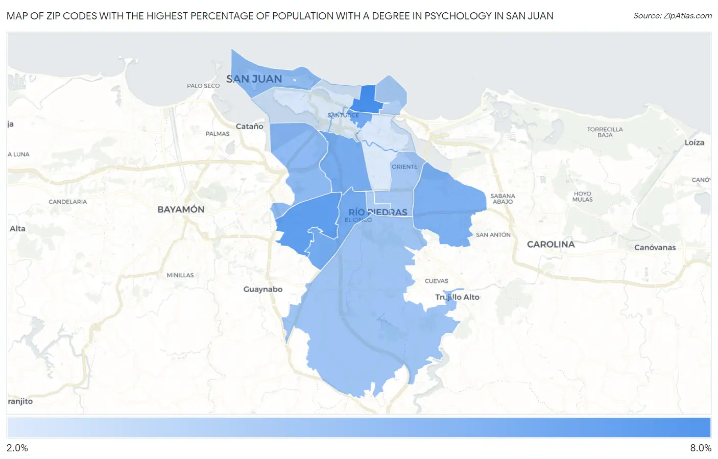 Zip Codes with the Highest Percentage of Population with a Degree in Psychology in San Juan Map