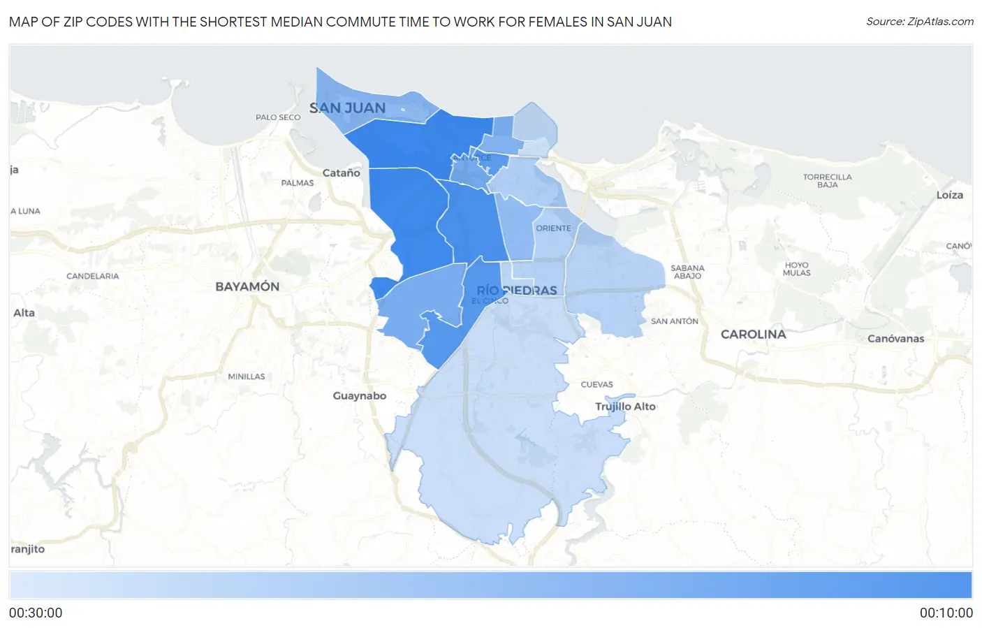Zip Codes with the Shortest Median Commute Time to Work for Females in San Juan Map