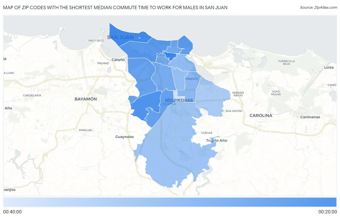 Zip Codes with the Shortest Median Commute Time to Work for Males in San Juan Map