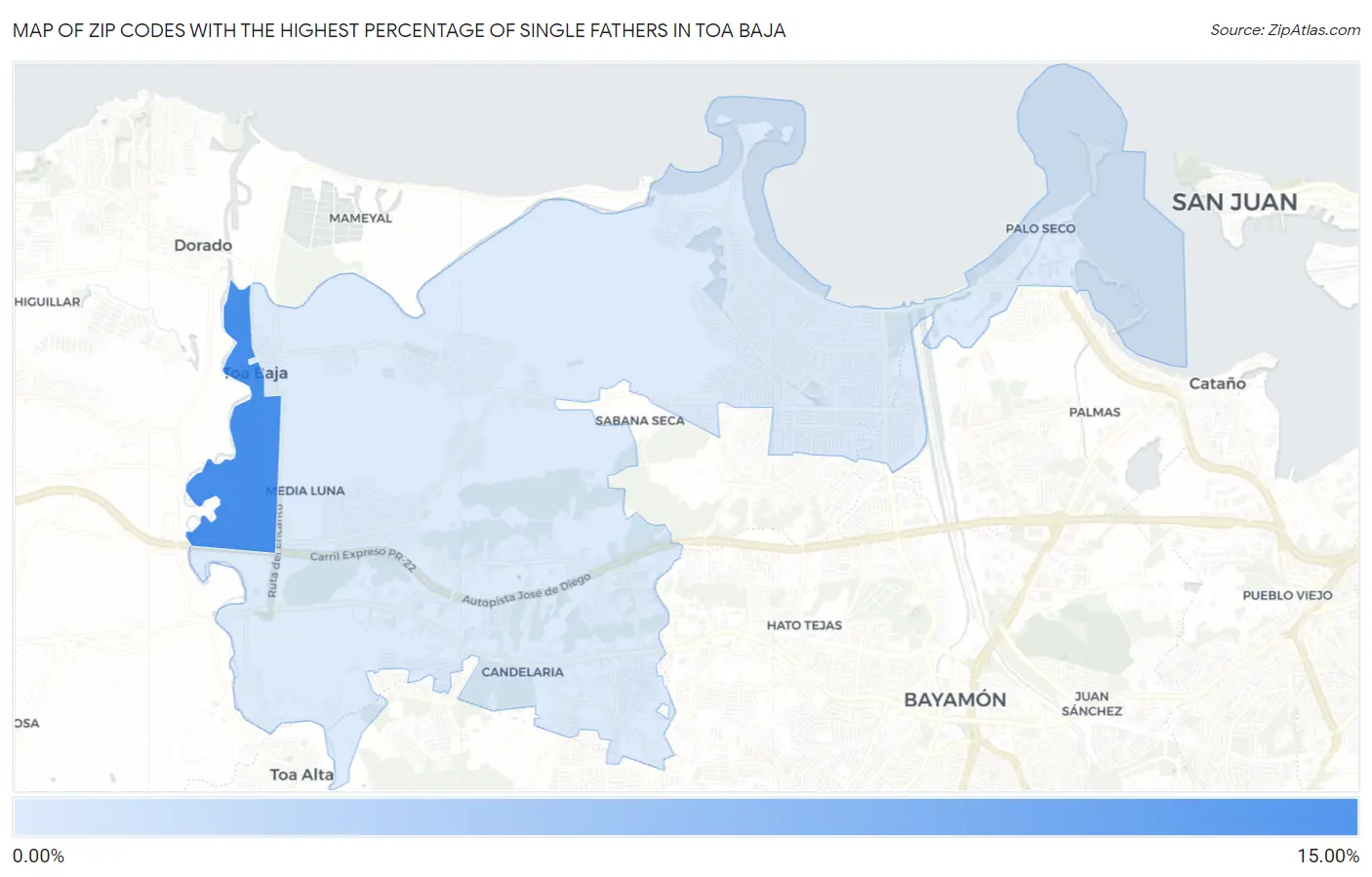 Zip Codes with the Highest Percentage of Single Fathers in Toa Baja Map