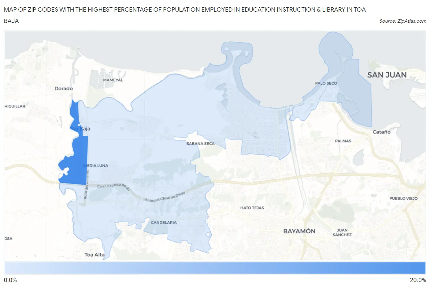 Zip Codes with the Highest Percentage of Population Employed in Education Instruction & Library in Toa Baja Map