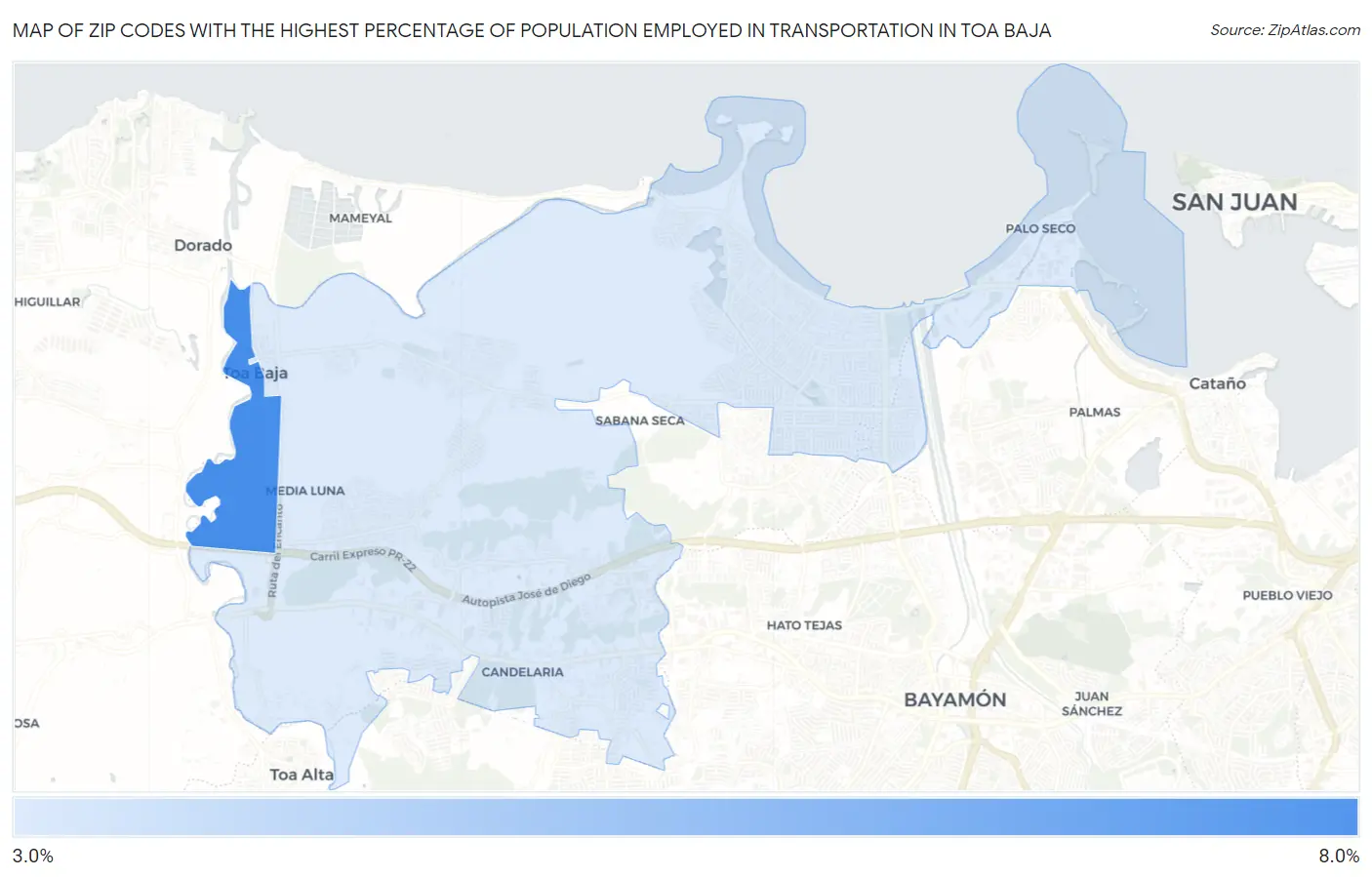 Zip Codes with the Highest Percentage of Population Employed in Transportation in Toa Baja Map