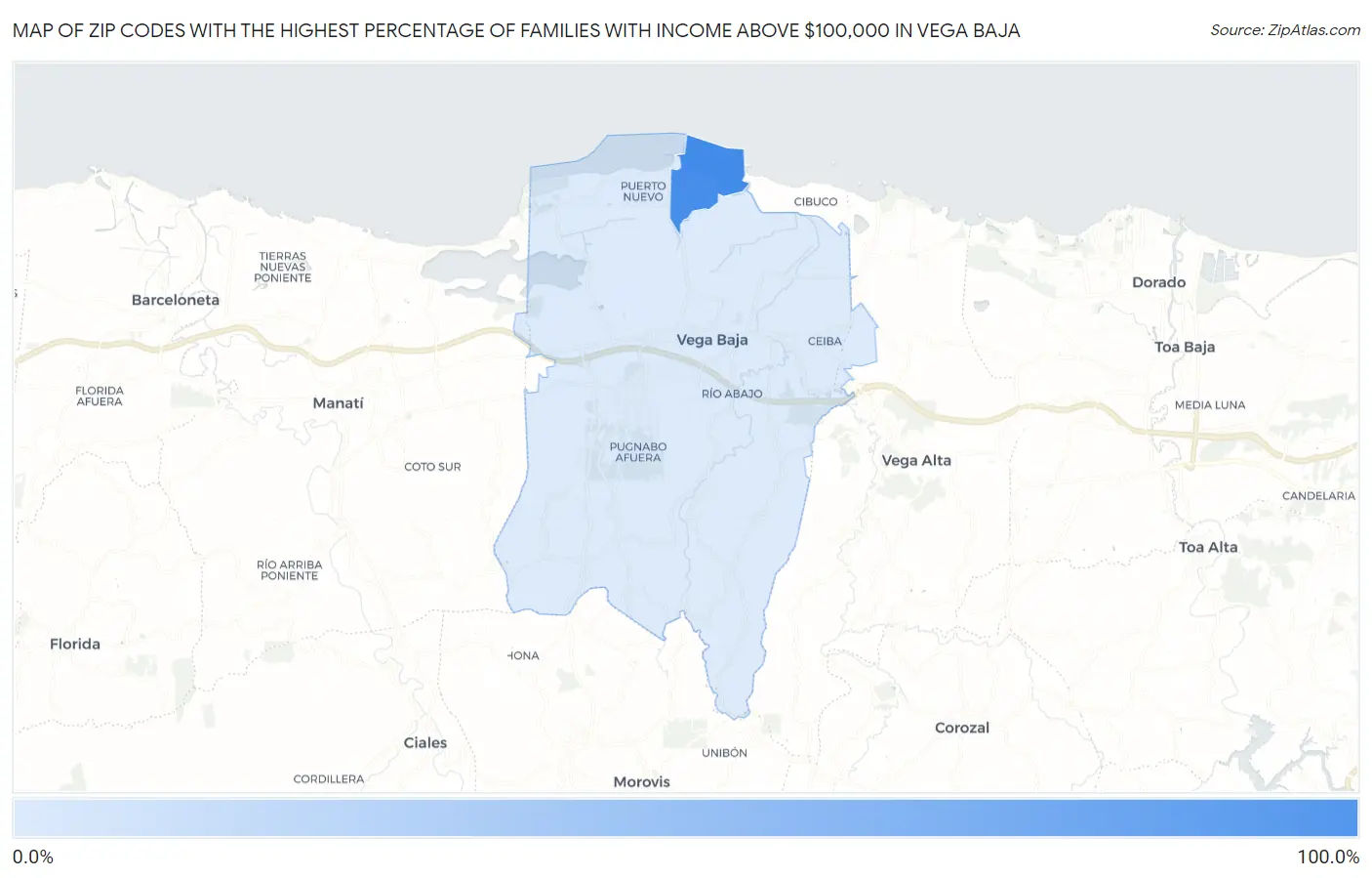 Zip Codes with the Highest Percentage of Families with Income Above $100,000 in Vega Baja Map