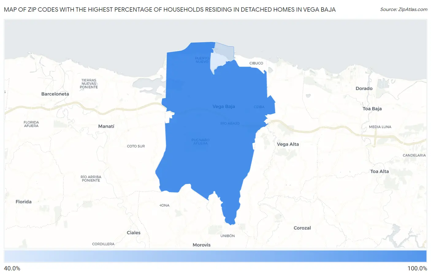 Zip Codes with the Highest Percentage of Households Residing in Detached Homes in Vega Baja Map