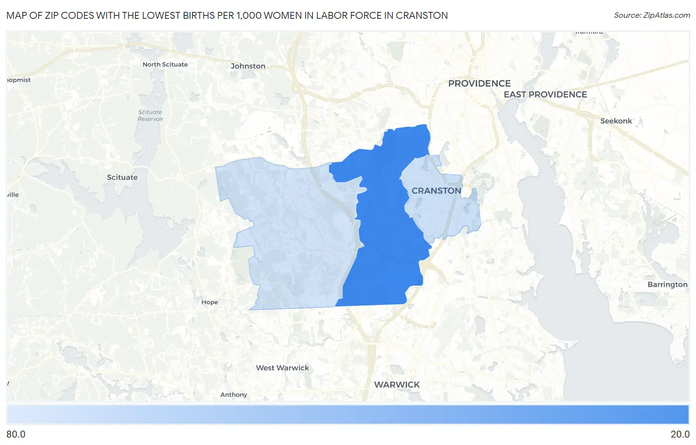 Zip Codes with the Lowest Births per 1,000 Women in Labor Force in Cranston Map