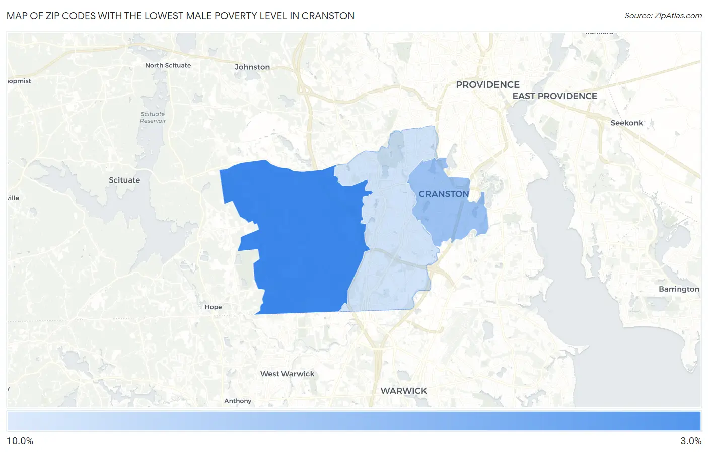Zip Codes with the Lowest Male Poverty Level in Cranston Map