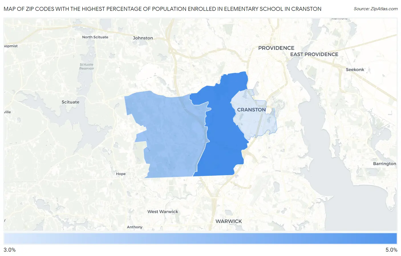 Zip Codes with the Highest Percentage of Population Enrolled in Elementary School in Cranston Map