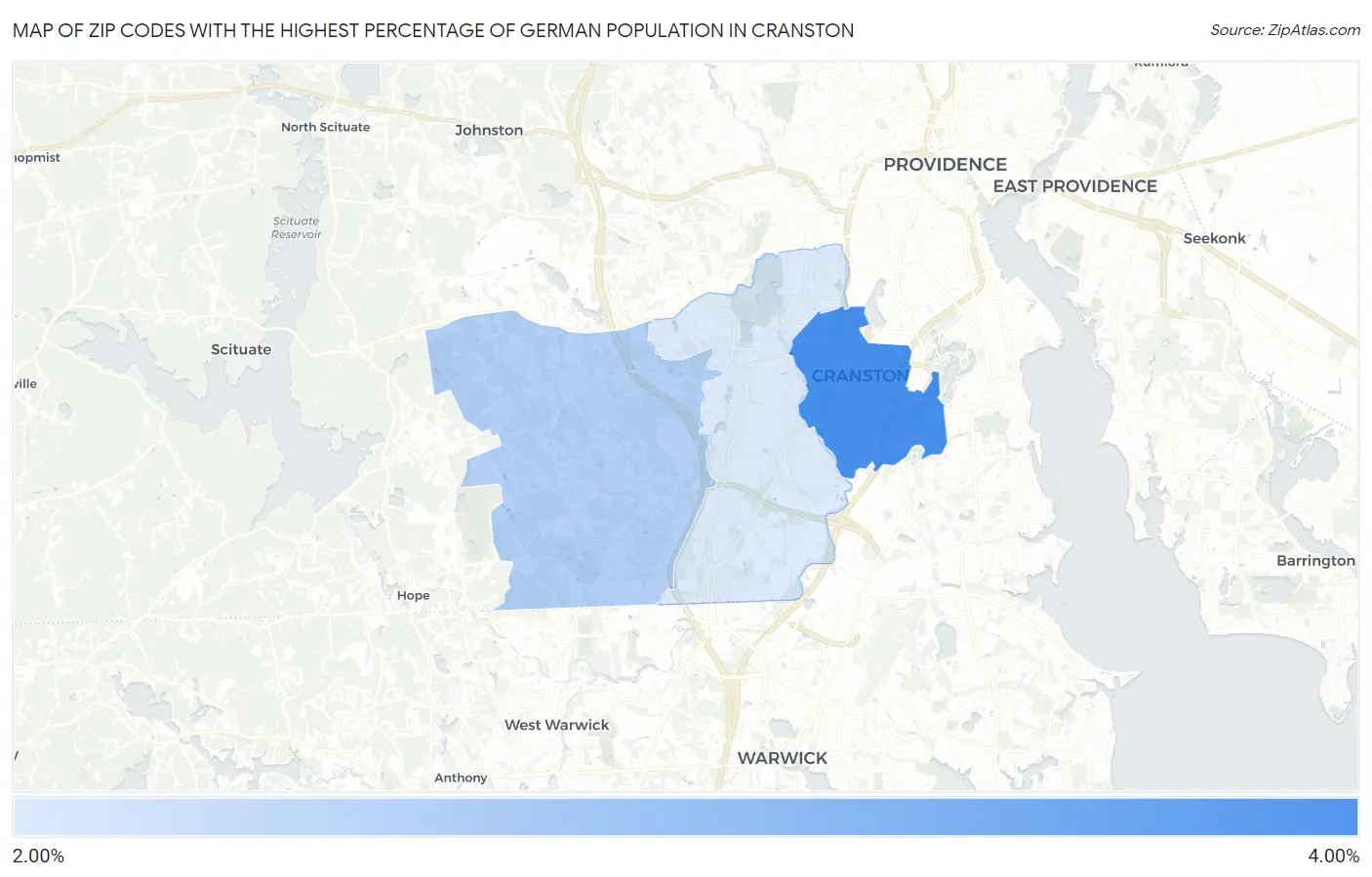 Zip Codes with the Highest Percentage of German Population in Cranston Map