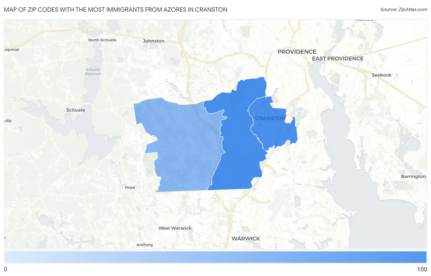 Zip Codes with the Most Immigrants from Azores in Cranston Map
