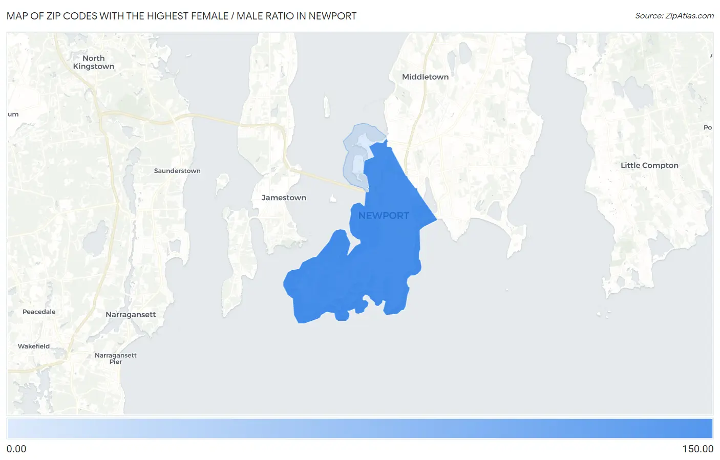 Zip Codes with the Highest Female / Male Ratio in Newport Map