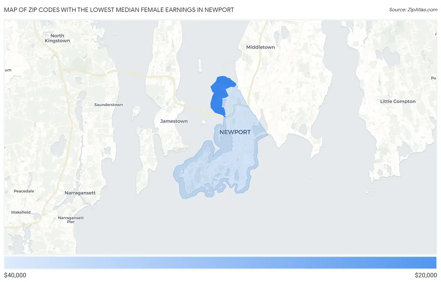 Zip Codes with the Lowest Median Female Earnings in Newport Map