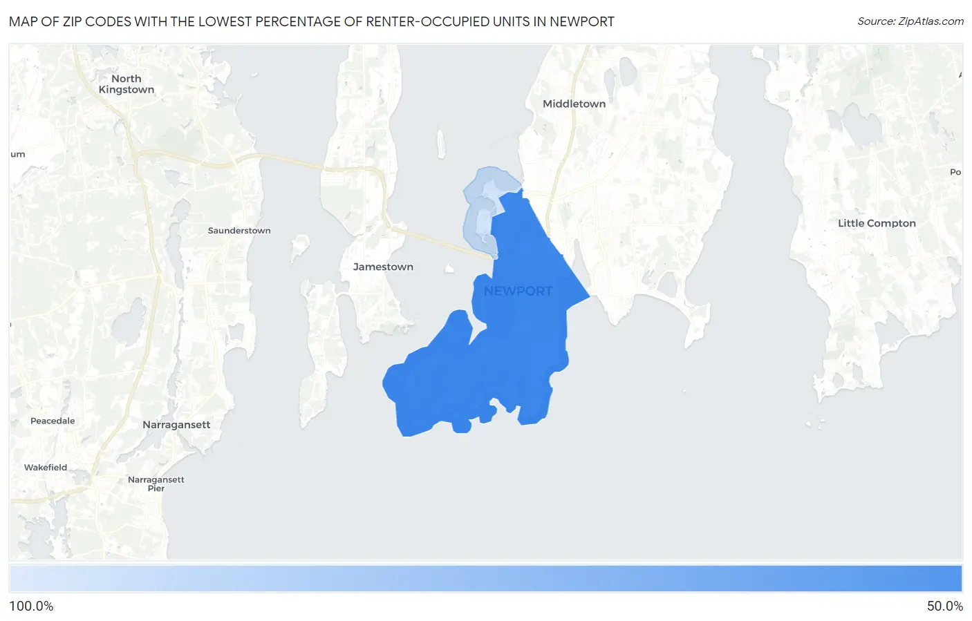 Zip Codes with the Lowest Percentage of Renter-Occupied Units in Newport Map