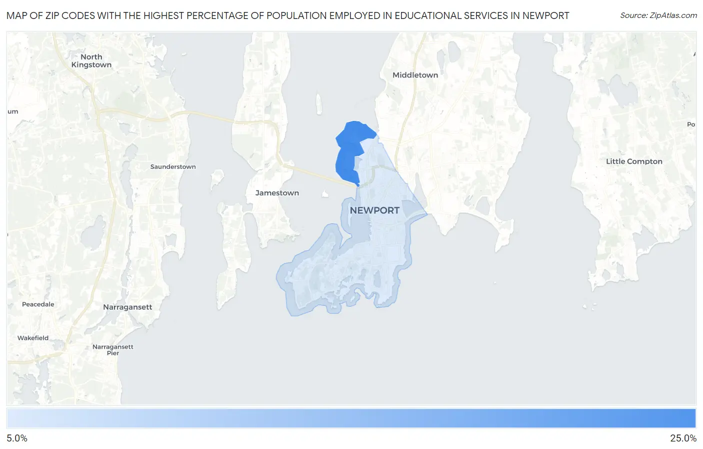 Zip Codes with the Highest Percentage of Population Employed in Educational Services in Newport Map