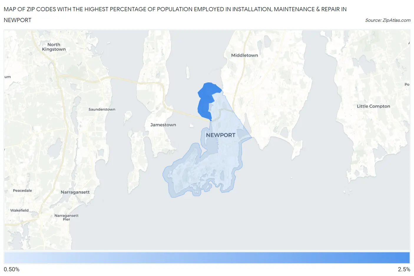 Zip Codes with the Highest Percentage of Population Employed in Installation, Maintenance & Repair in Newport Map