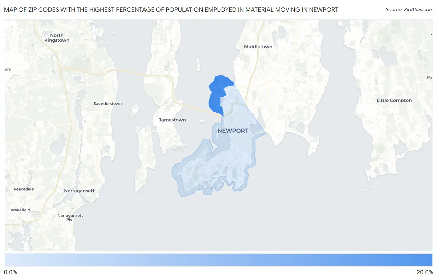 Zip Codes with the Highest Percentage of Population Employed in Material Moving in Newport Map