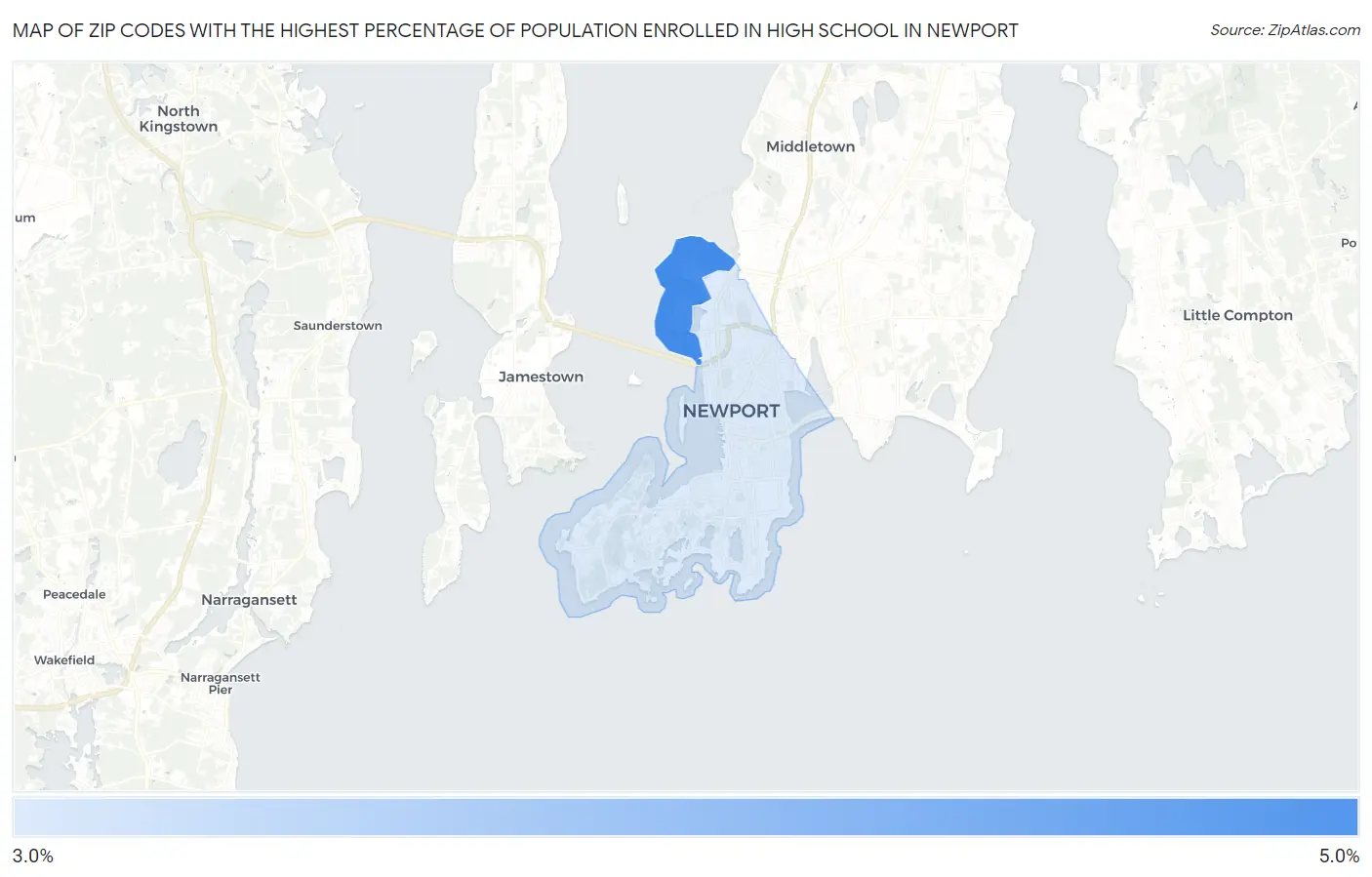 Zip Codes with the Highest Percentage of Population Enrolled in High School in Newport Map