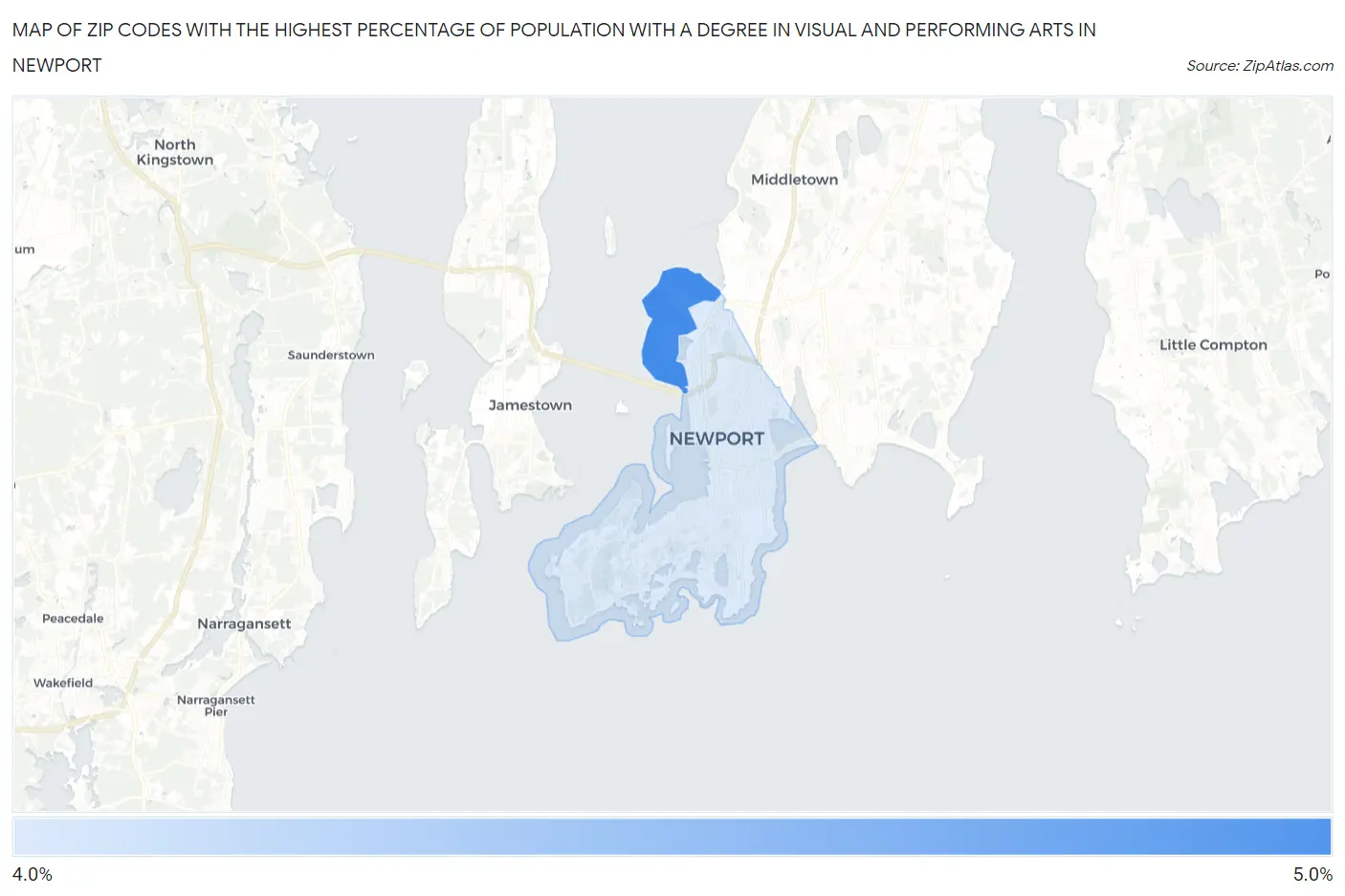 Zip Codes with the Highest Percentage of Population with a Degree in Visual and Performing Arts in Newport Map