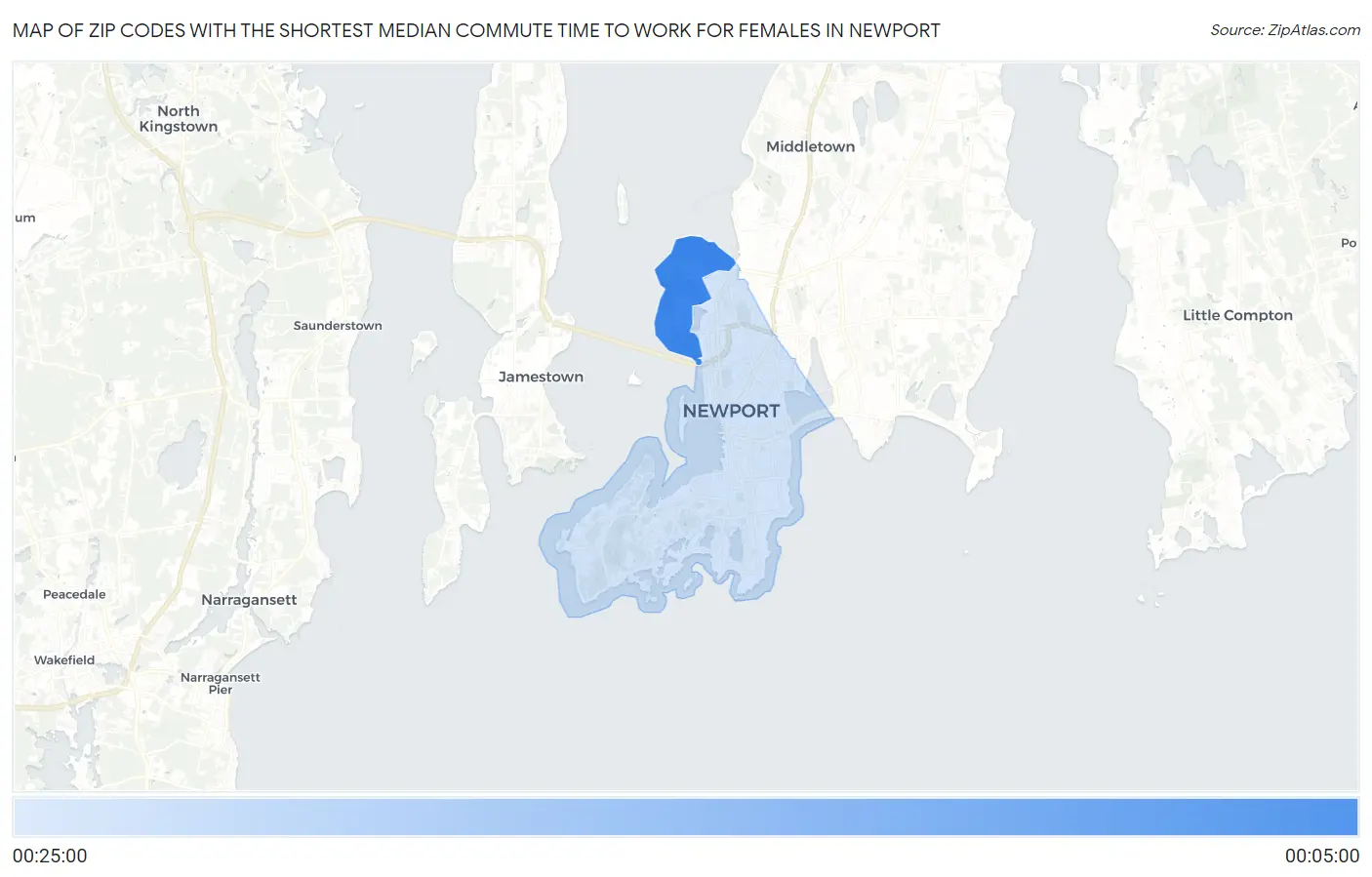Zip Codes with the Shortest Median Commute Time to Work for Females in Newport Map