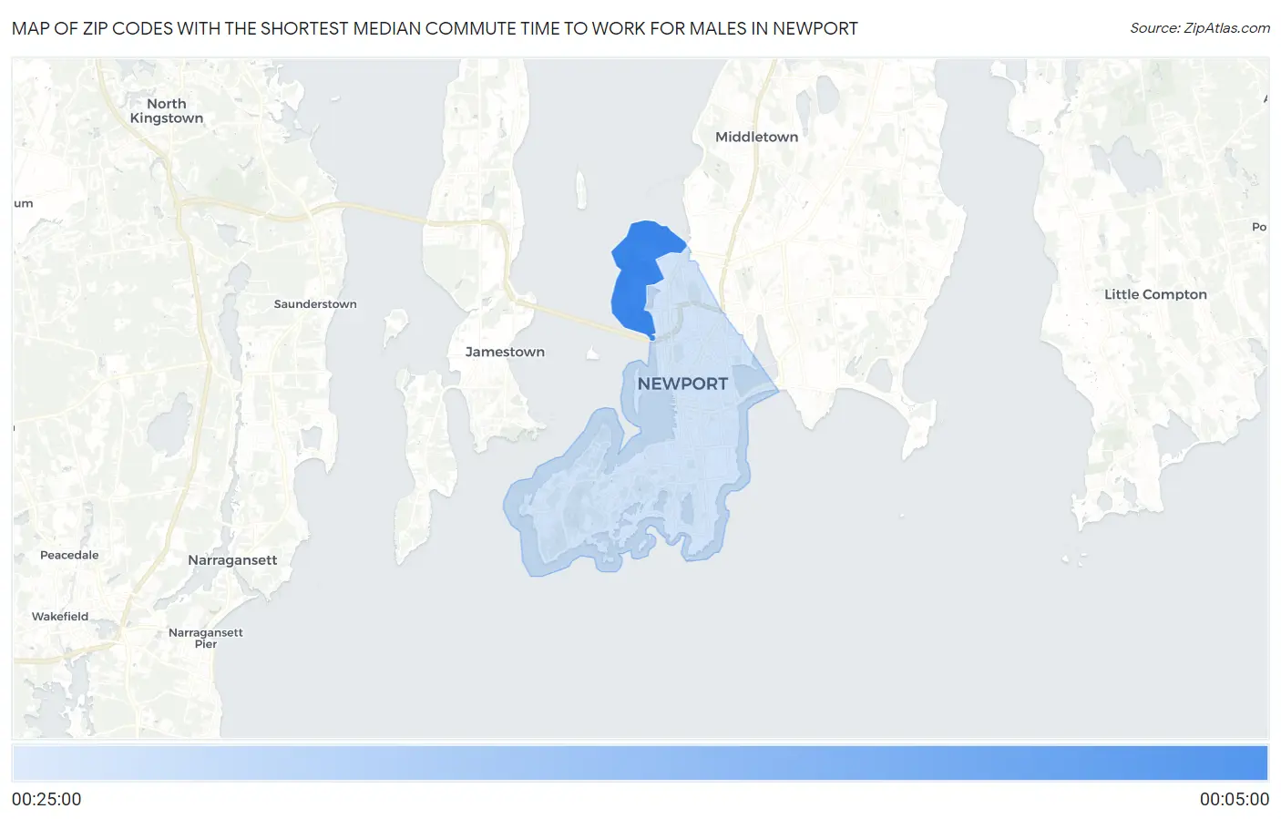Zip Codes with the Shortest Median Commute Time to Work for Males in Newport Map