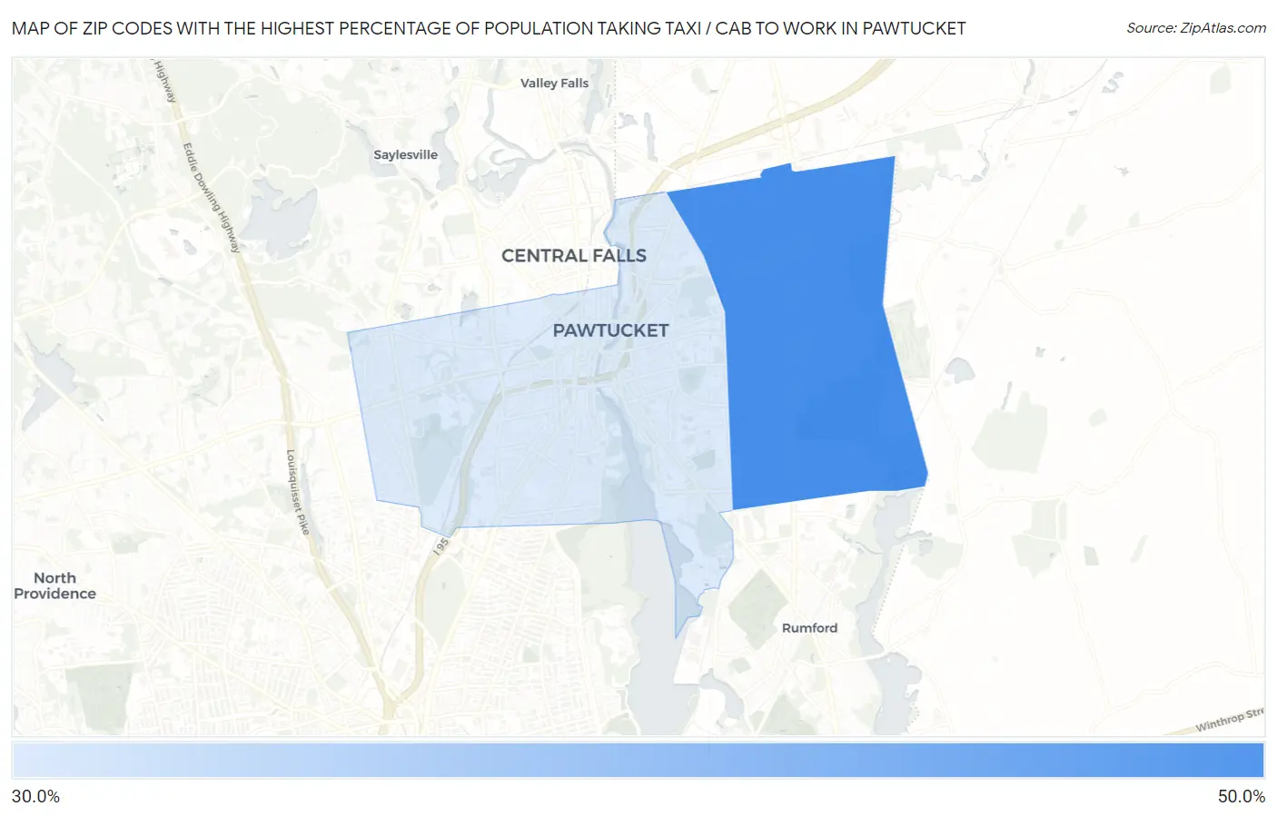 Zip Codes with the Highest Percentage of Population Taking Taxi / Cab to Work in Pawtucket Map