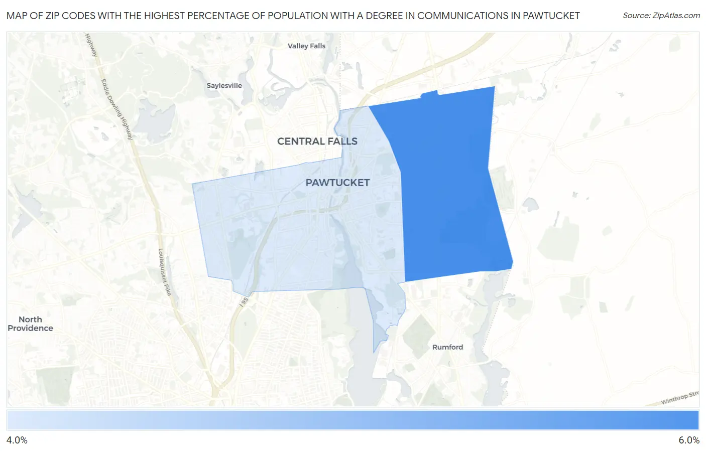 Zip Codes with the Highest Percentage of Population with a Degree in Communications in Pawtucket Map