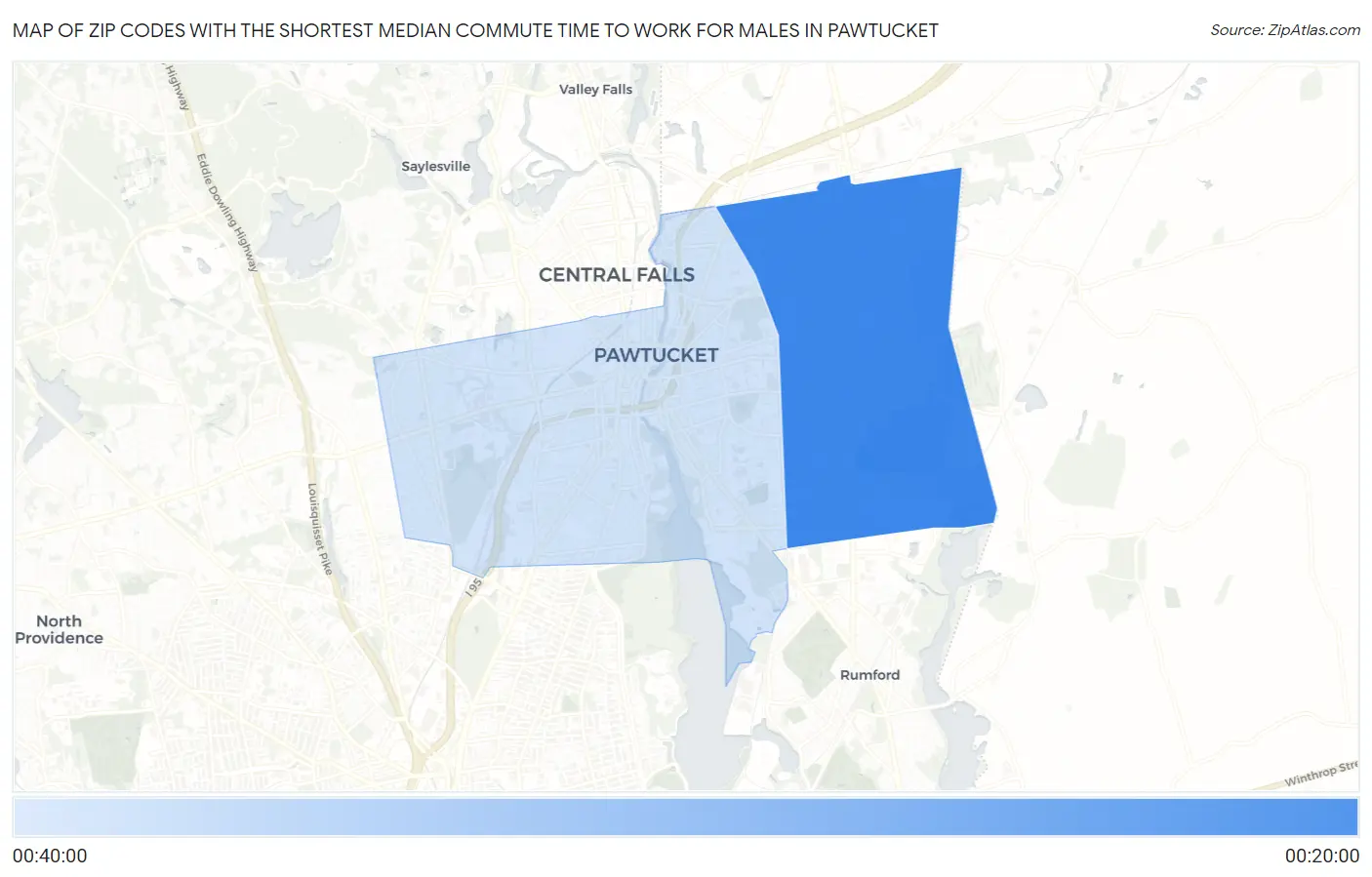 Zip Codes with the Shortest Median Commute Time to Work for Males in Pawtucket Map