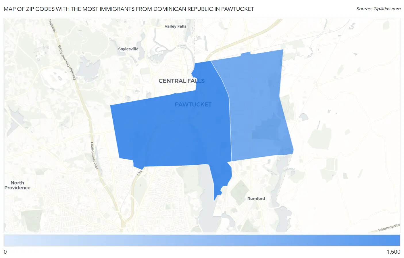 Zip Codes with the Most Immigrants from Dominican Republic in Pawtucket Map