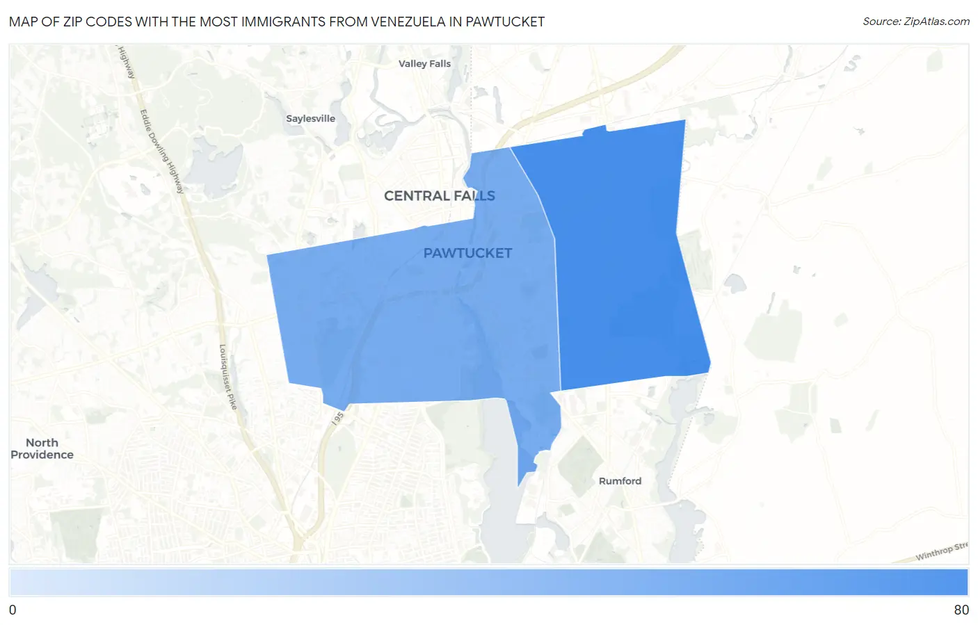 Zip Codes with the Most Immigrants from Venezuela in Pawtucket Map