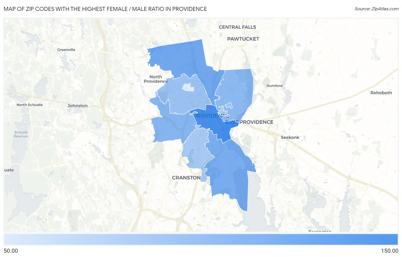 Zip Codes with the Highest Female / Male Ratio in Providence Map