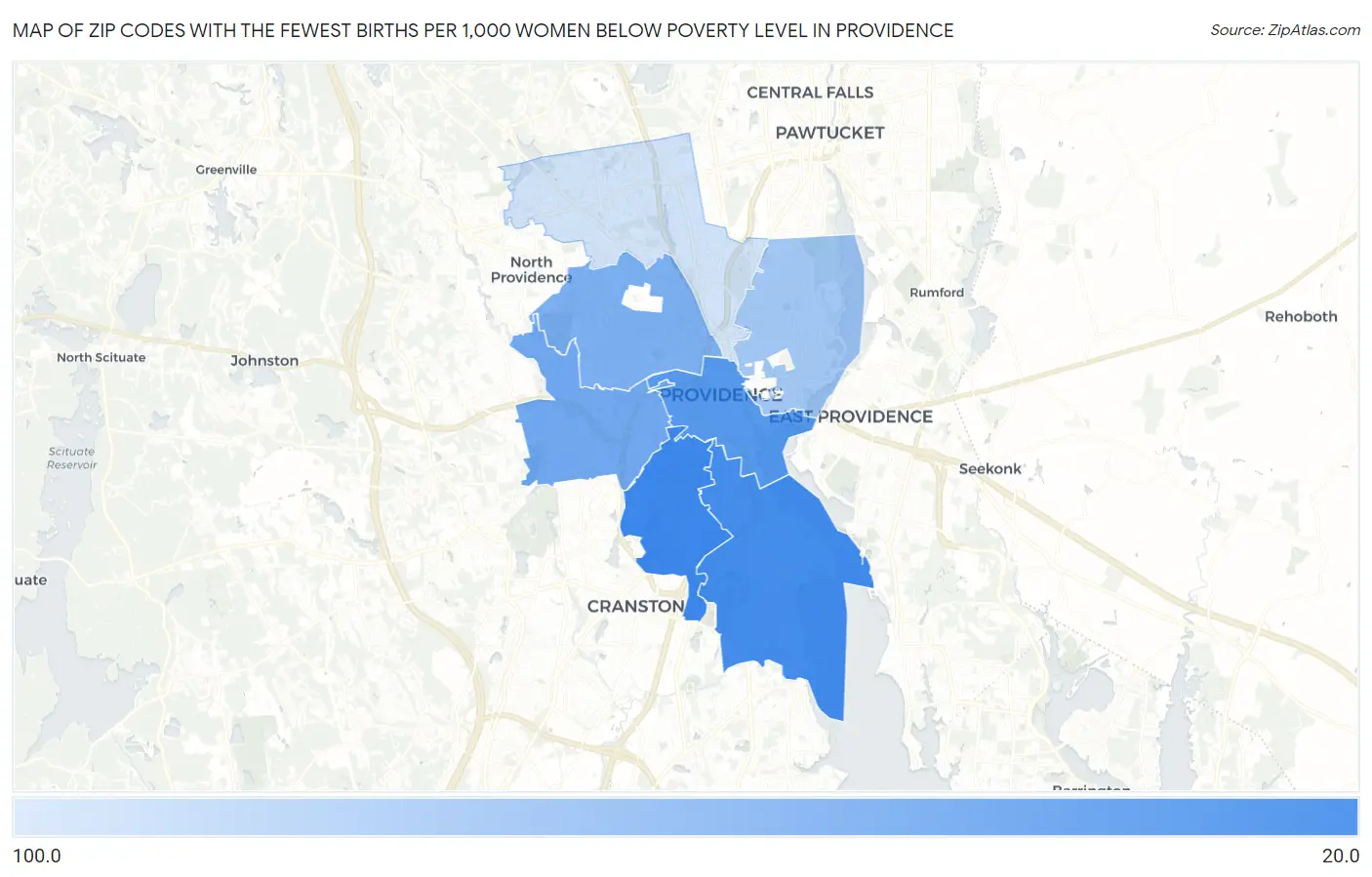 Zip Codes with the Fewest Births per 1,000 Women Below Poverty Level in Providence Map