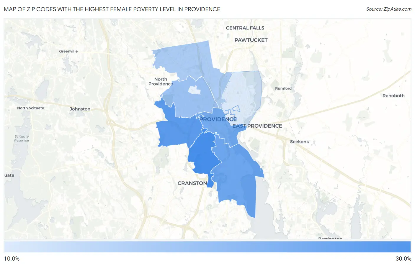 Zip Codes with the Highest Female Poverty Level in Providence Map