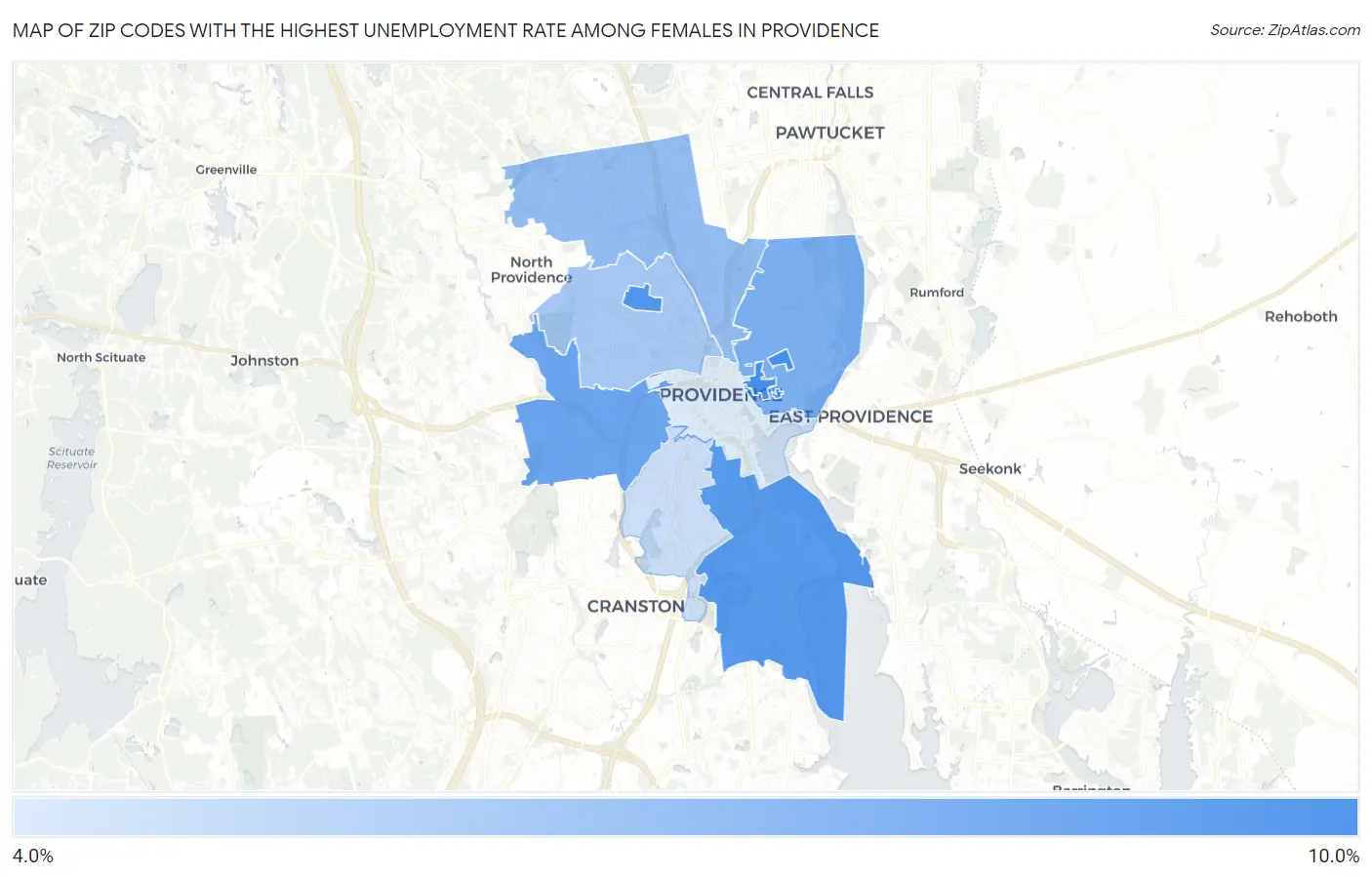 Zip Codes with the Highest Unemployment Rate Among Females in Providence Map