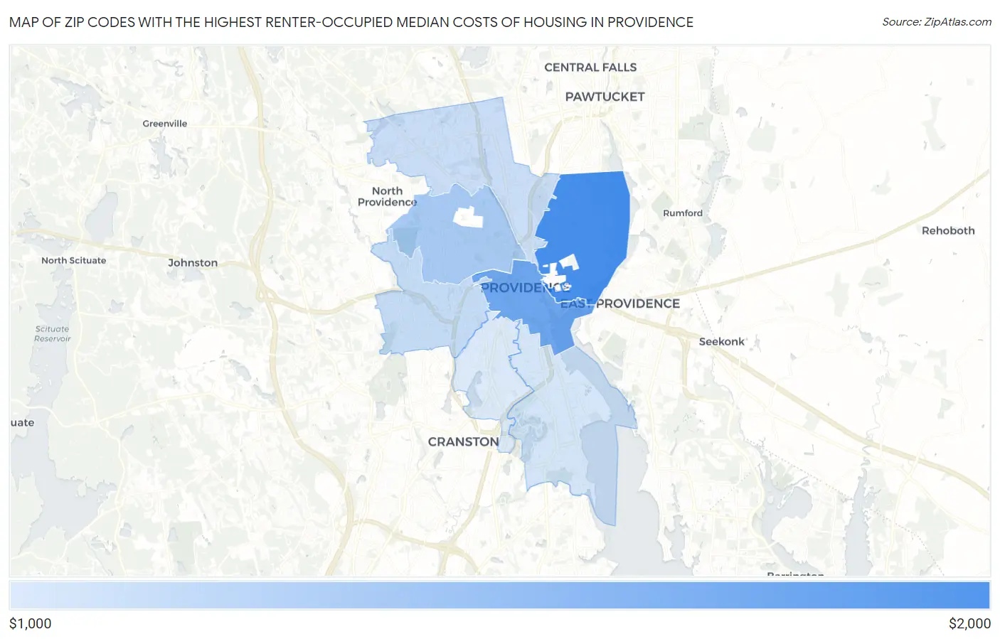Zip Codes with the Highest Renter-Occupied Median Costs of Housing in Providence Map