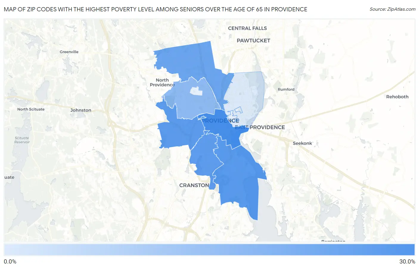Zip Codes with the Highest Poverty Level Among Seniors Over the Age of 65 in Providence Map