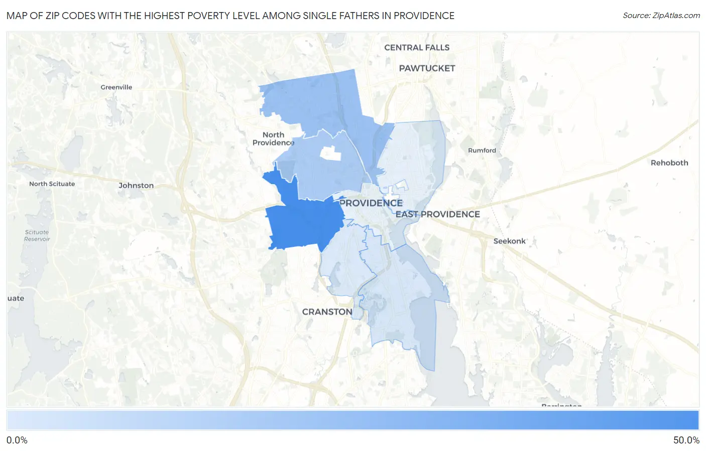 Zip Codes with the Highest Poverty Level Among Single Fathers in Providence Map
