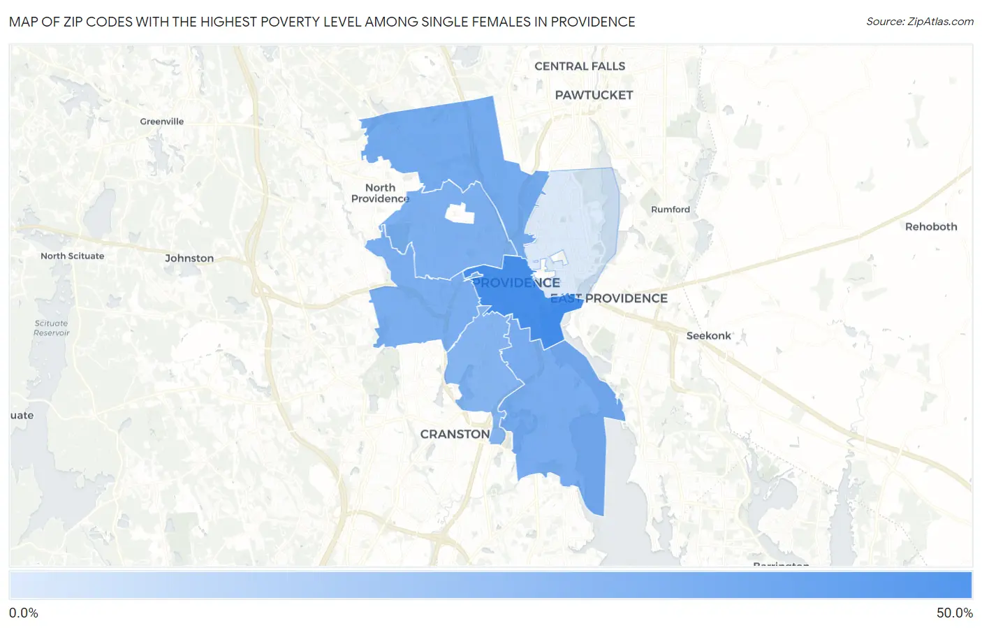 Zip Codes with the Highest Poverty Level Among Single Females in Providence Map
