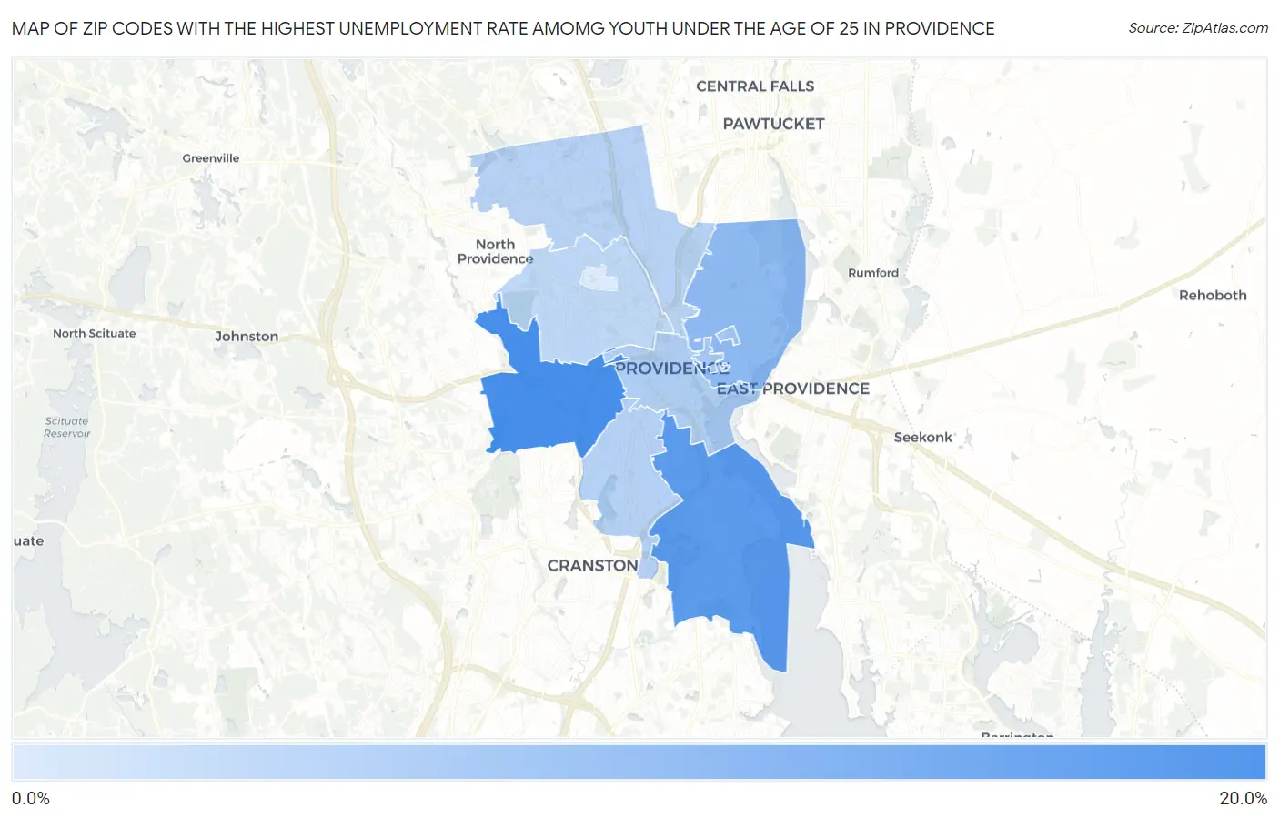 Zip Codes with the Highest Unemployment Rate Amomg Youth Under the Age of 25 in Providence Map