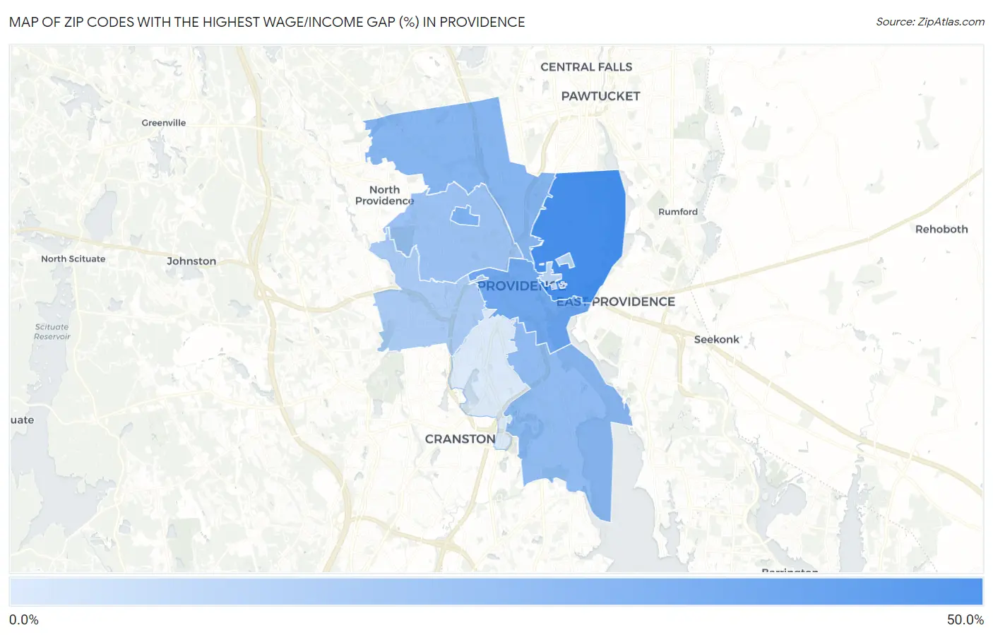 Zip Codes with the Highest Wage/Income Gap (%) in Providence Map