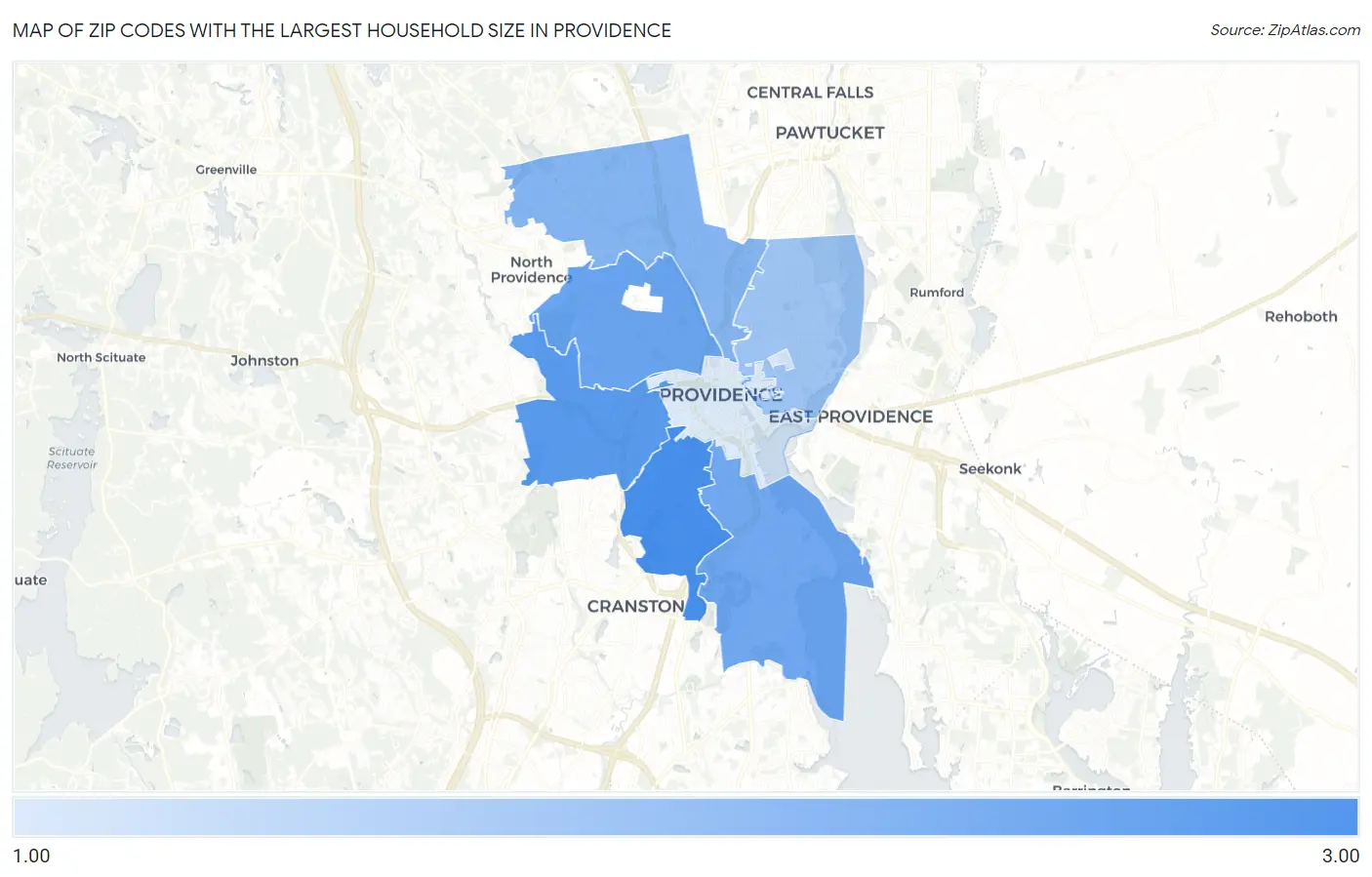 Zip Codes with the Largest Household Size in Providence Map