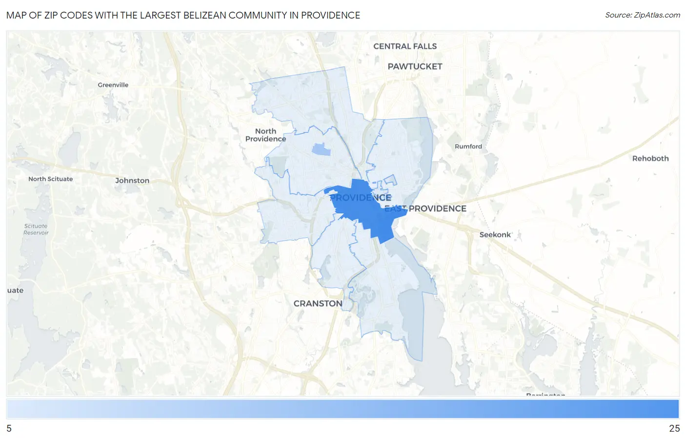 Zip Codes with the Largest Belizean Community in Providence Map