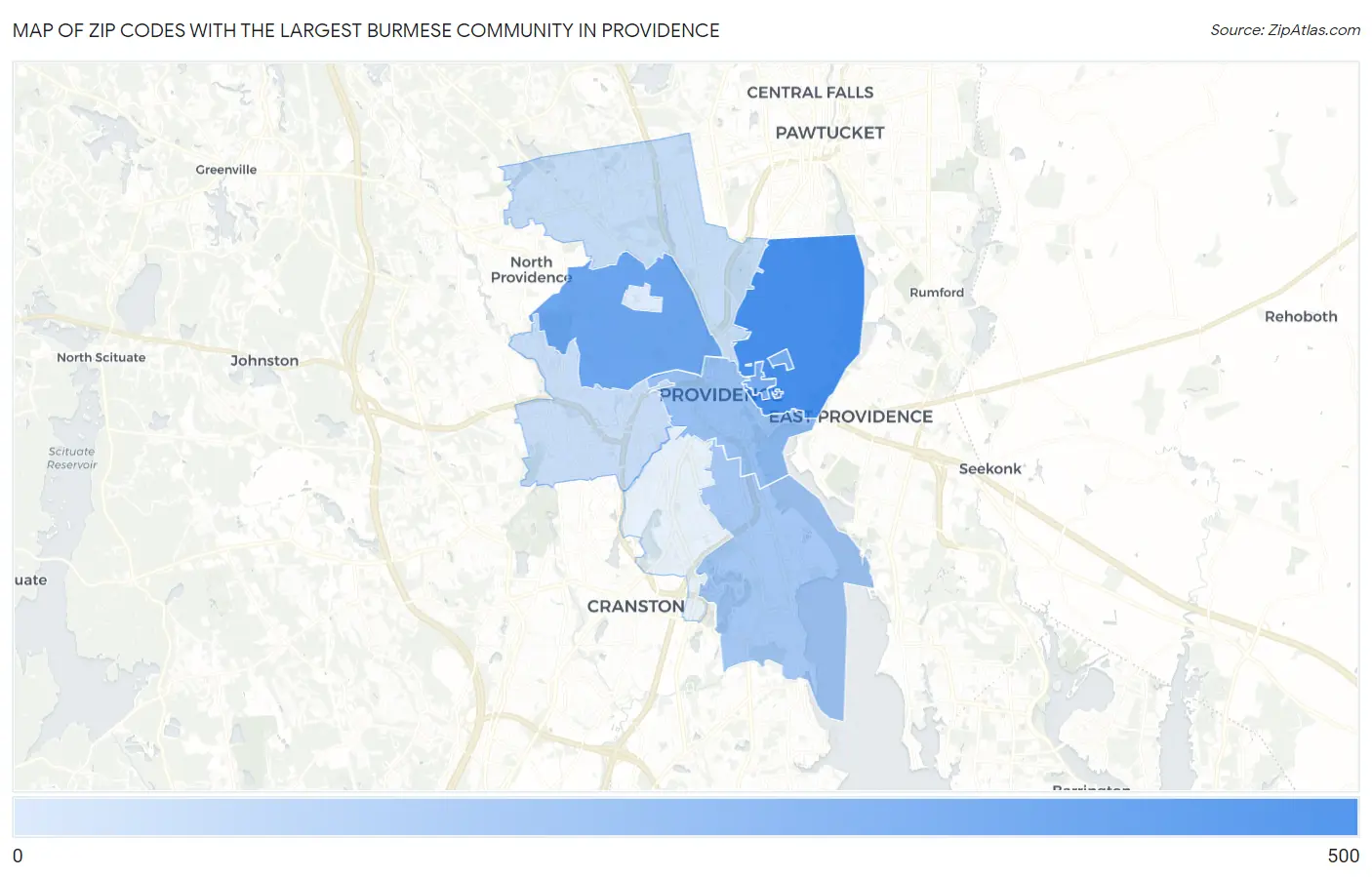 Zip Codes with the Largest Burmese Community in Providence Map