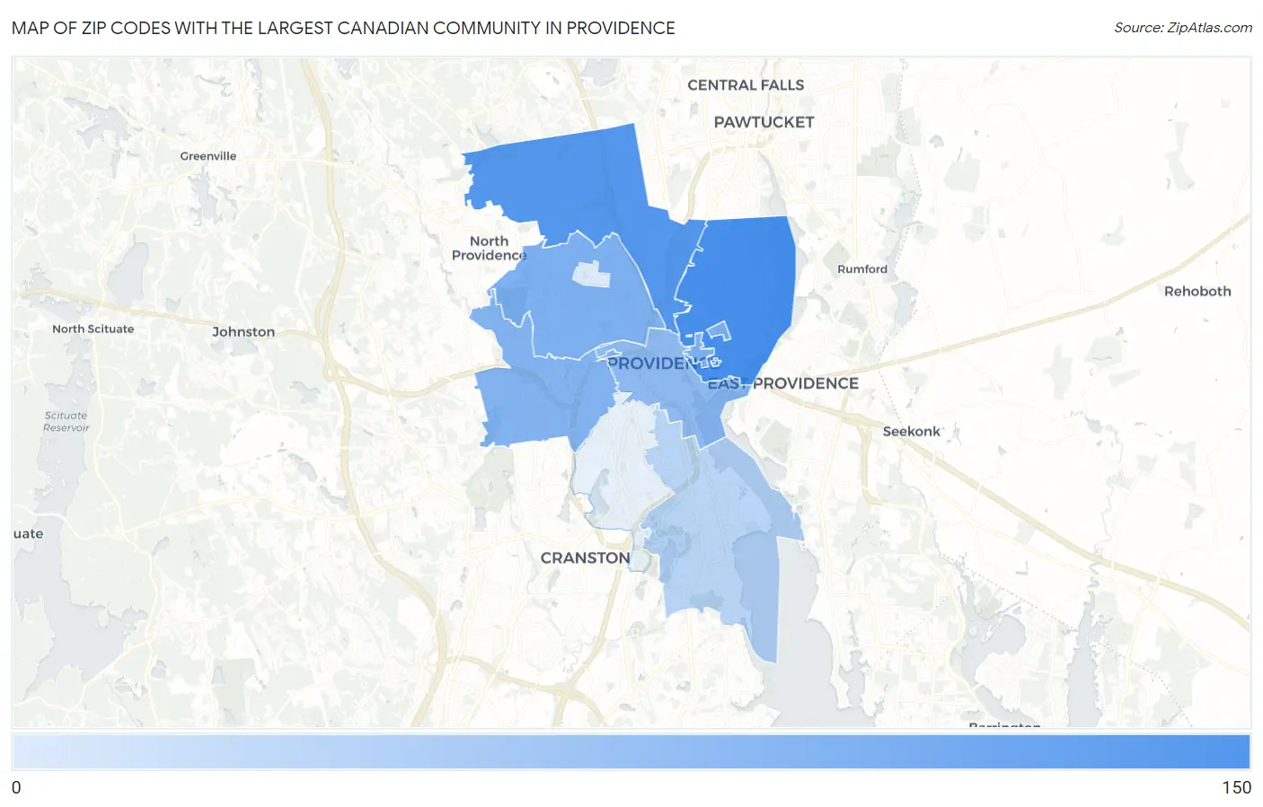 Zip Codes with the Largest Canadian Community in Providence Map