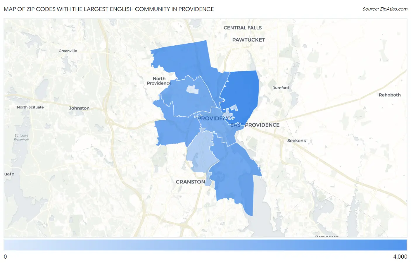 Zip Codes with the Largest English Community in Providence Map