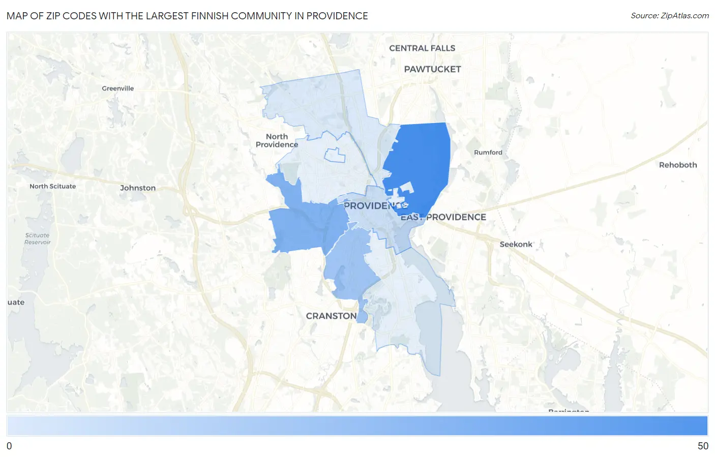 Zip Codes with the Largest Finnish Community in Providence Map